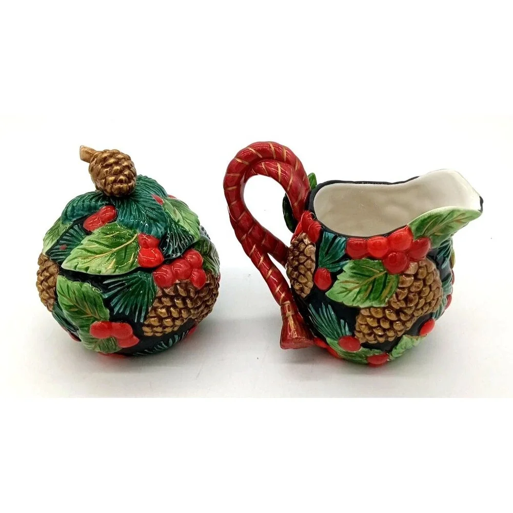 Vintage Fitz & Floyd Classics Holiday Pine Ceramic Creamer & Covered Sugar Bowl